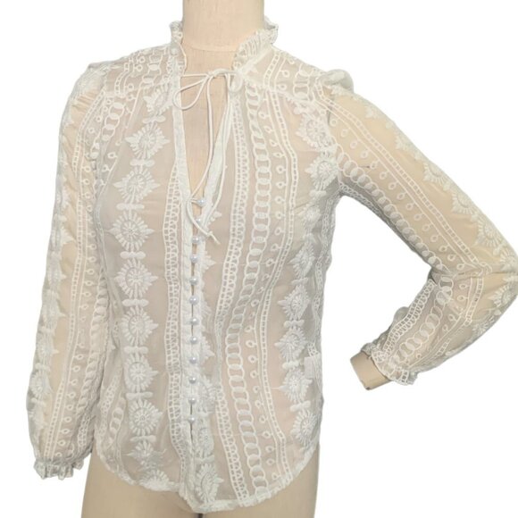 Sheer White Embroidered Faux-Pearl Button Down Blouse 112L - Picture 1 of 7